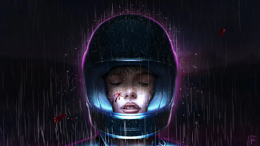 Download interesting profile photo of a girl with a scarred face and a motorcycle helmet
