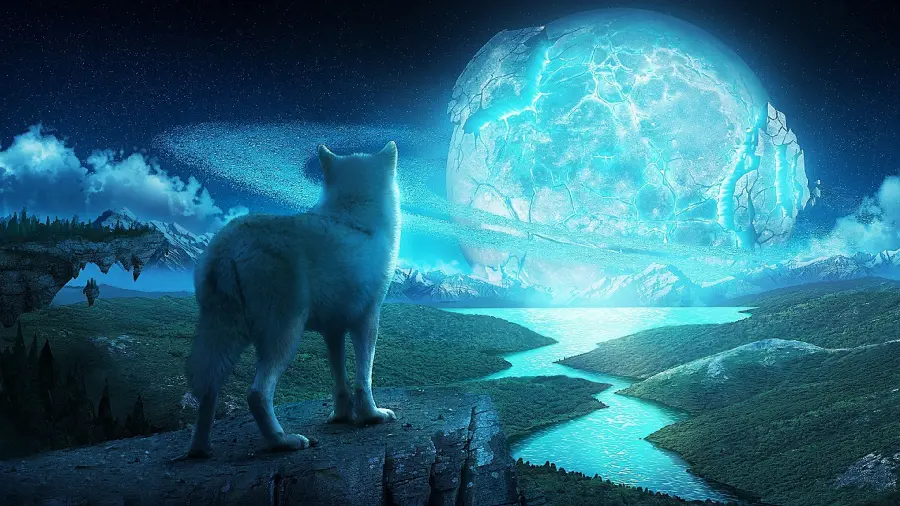 White Wolf Wallpaper Staring at the Moon in the Sky