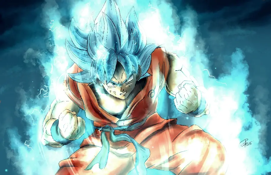 Wallpaper of the character Goku with blue hair in the anime Dragon Ball Super for mobile