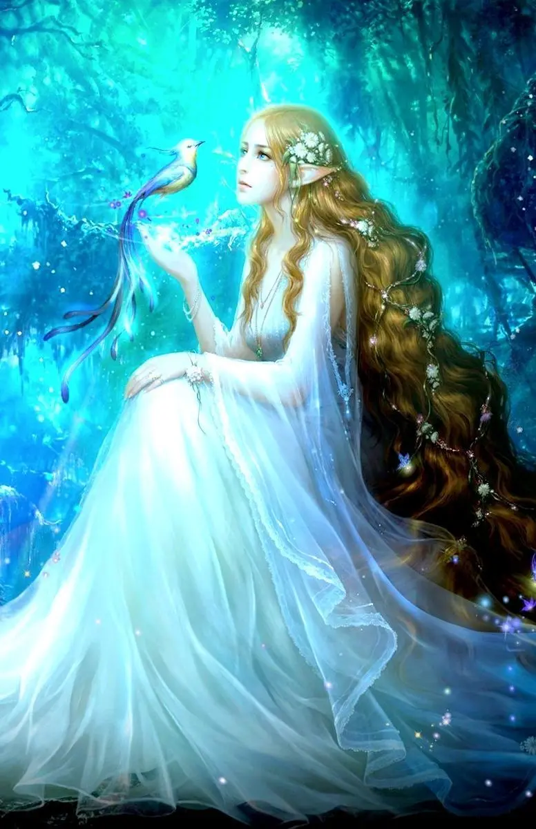 Photo of a beautiful long-eared winged angel with a bird 