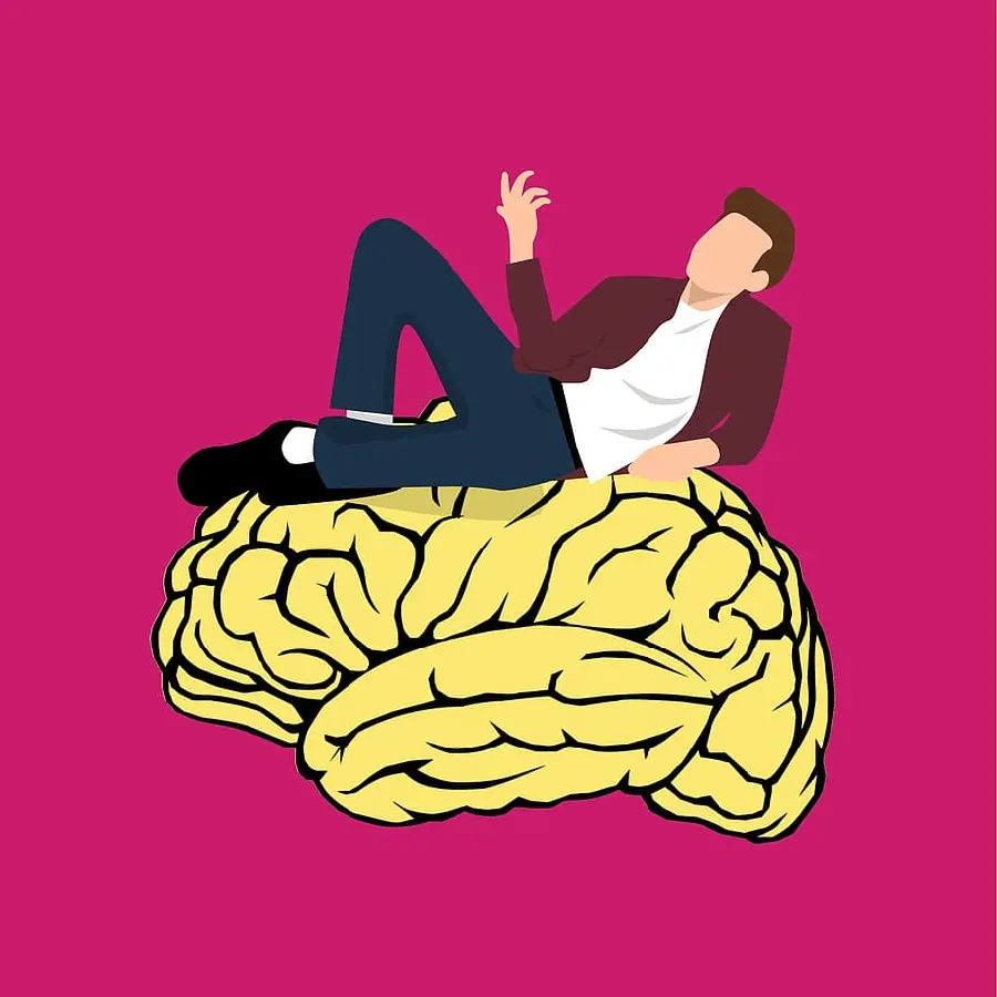 Download a picture of a thinking man sitting on a human brain with a red background