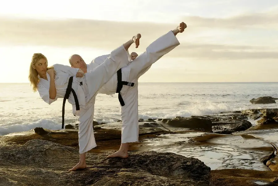 Stock and vector photo of male and female karate fighters with Kyokushin foot movements for Photoshop background