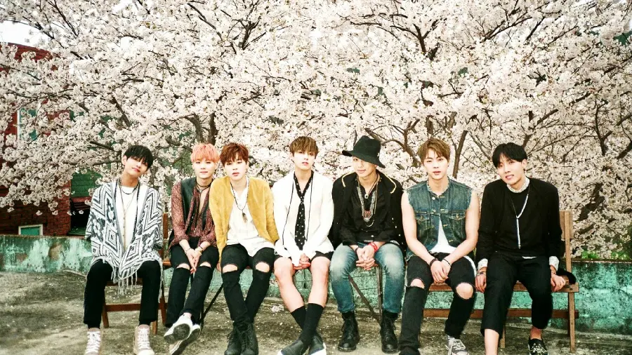 A very beautiful photo of the BTS group in the spring