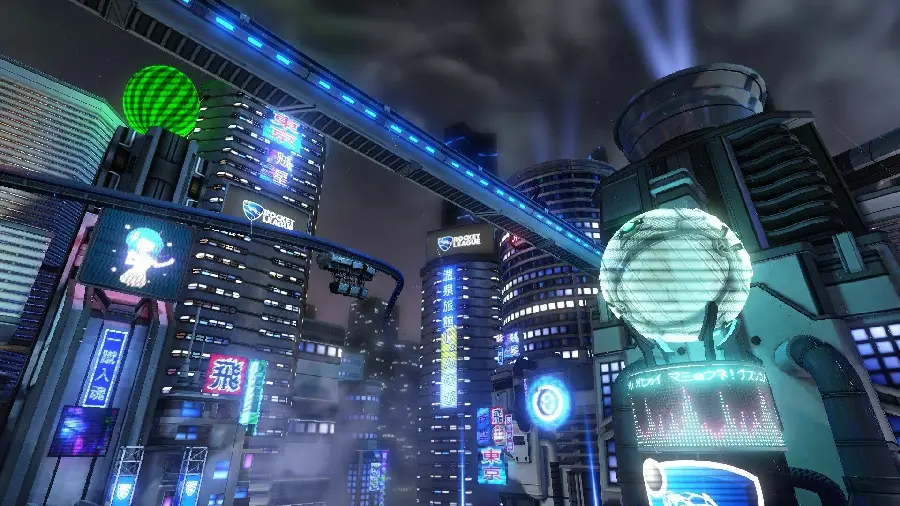 Background of smart and fantasy city with illuminated towers in the future of Tokyo