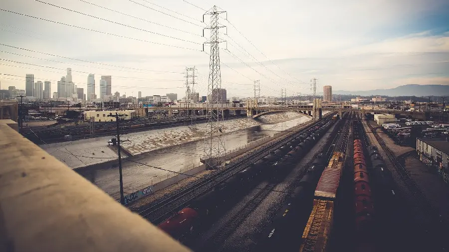 Photo of the train station of Los Angeles with buildings in downtown