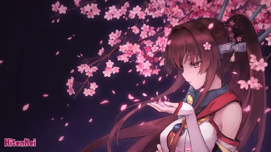 Download cute anime girl, kind and beautiful girl next to pink blossoms of a tree with long hair, special for profile and desktop