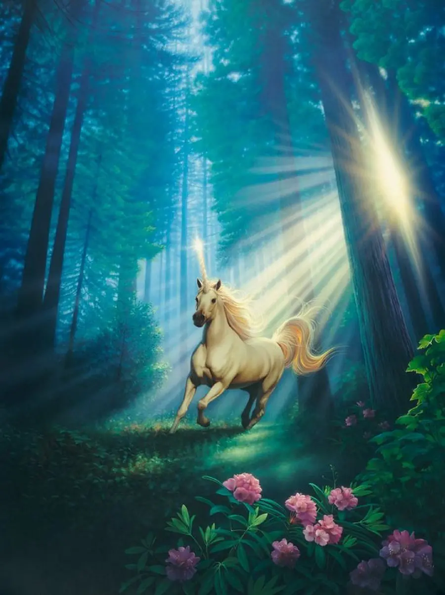 Beautiful unicorn profile picture and Light in the green and fantasy forest