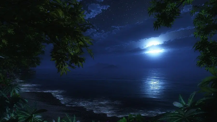 Download a beautiful Windows wallpaper of sea waves at night under the spectacular moonlight in a cloudy sky in Full HD quality