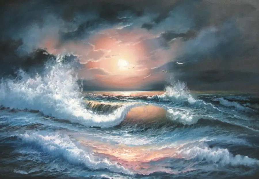 A spectacular photo of a painting of roaring sea waves under a cloudy and mysterious sky in excellent quality