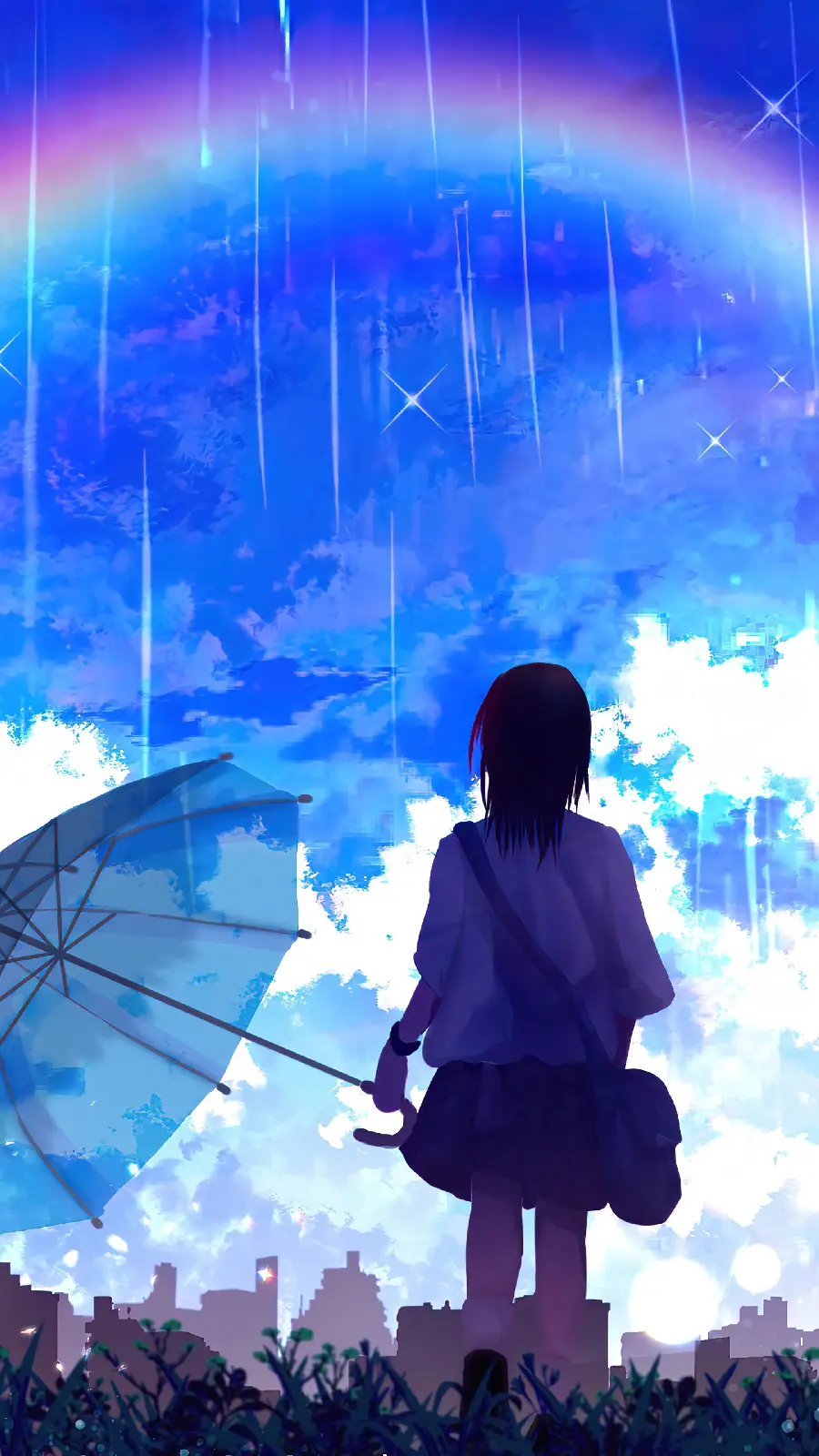 Download cute girly mobile background photo of a girl with an umbrella watching a rainbow under the rain from behind in HD quality
