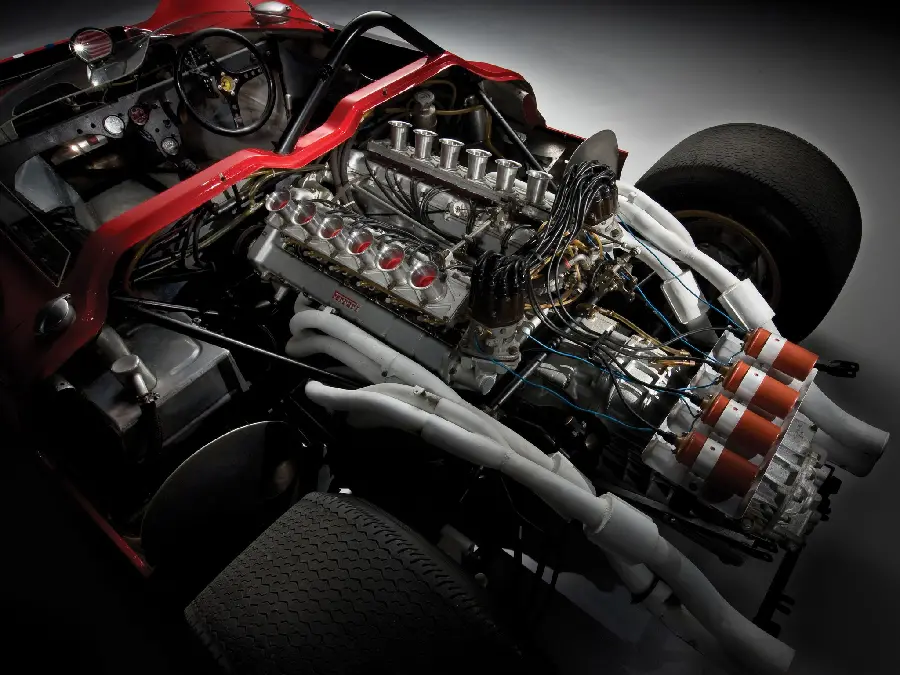 Close-up photo of a 12-cylinder Ferrari engine with HD quality