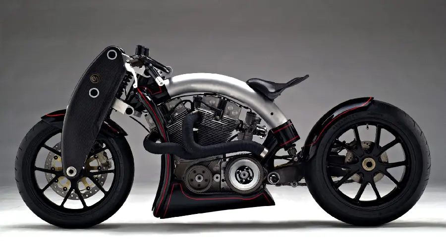 The latest high-quality photo of a new and heavy custom motorcycle with a red line next to the black color 