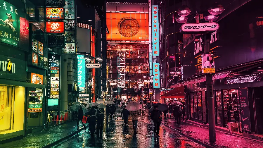 Colorful and bright iPhone wallpaper of a city road with pedestrians in rainy weather