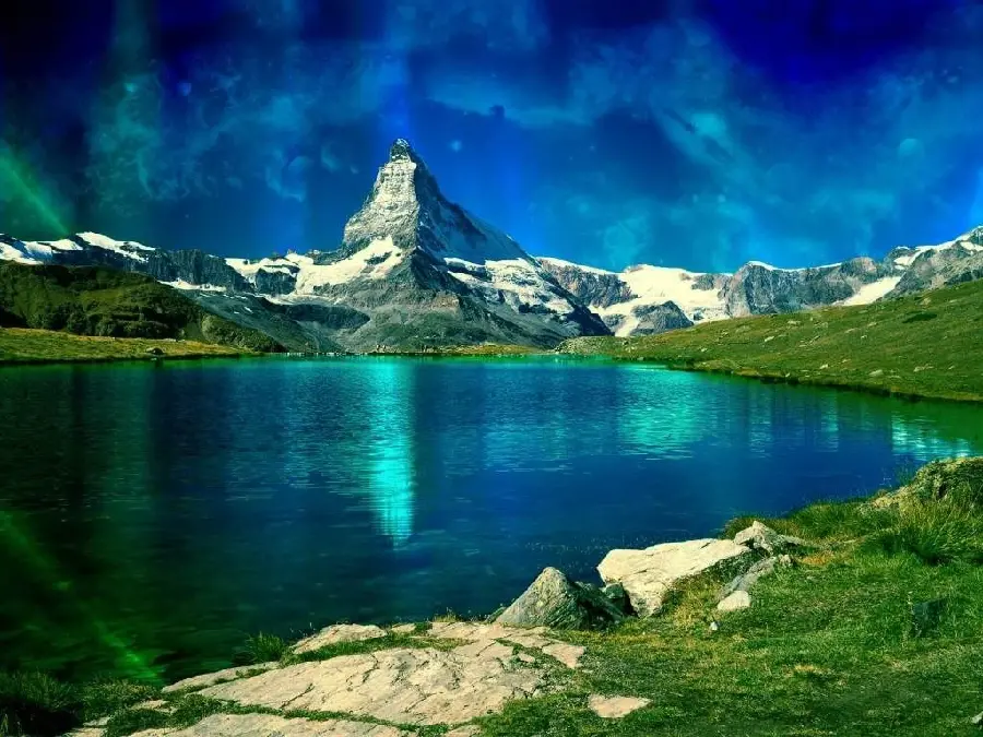 Attractive wallpaper of a bright mountain, forest and sea landscape together