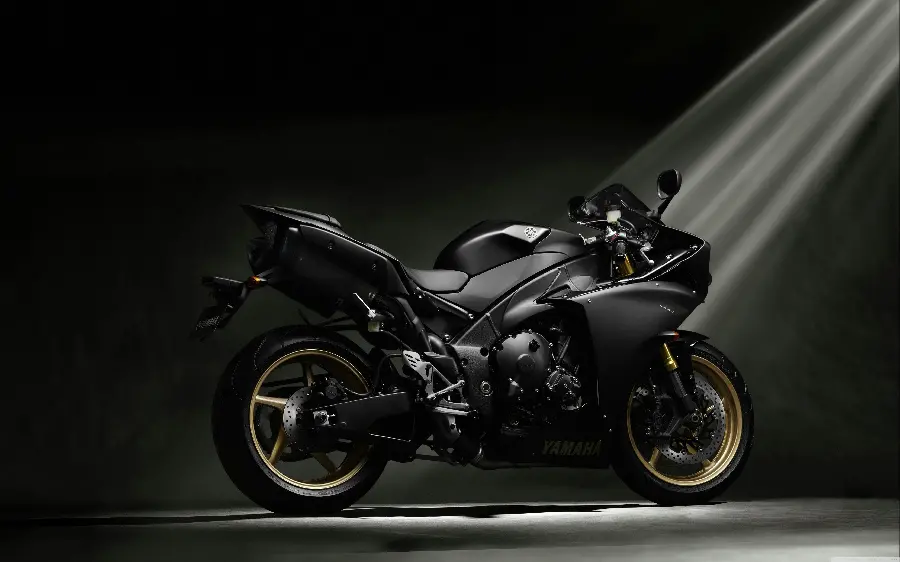 Fantasy and pristine photo of a black motorcycle with a gray light beam