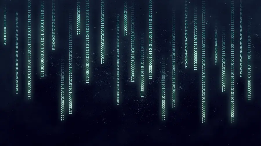 Stock image of black background of unequal numbers zero and one hanging from above suitable for abstract wallpaper