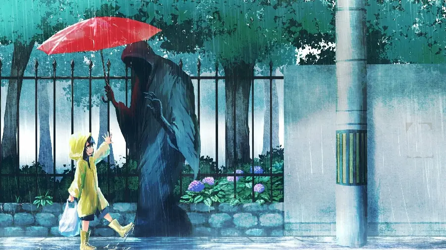 Anime photo of naughty girl in green raincoat and black demon with red umbrella in anime rain