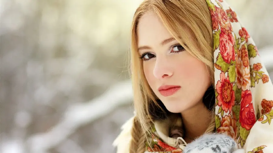 Apple phone special background of a beautiful golden-haired girl with beautiful eyes and a floral scarf in top quality