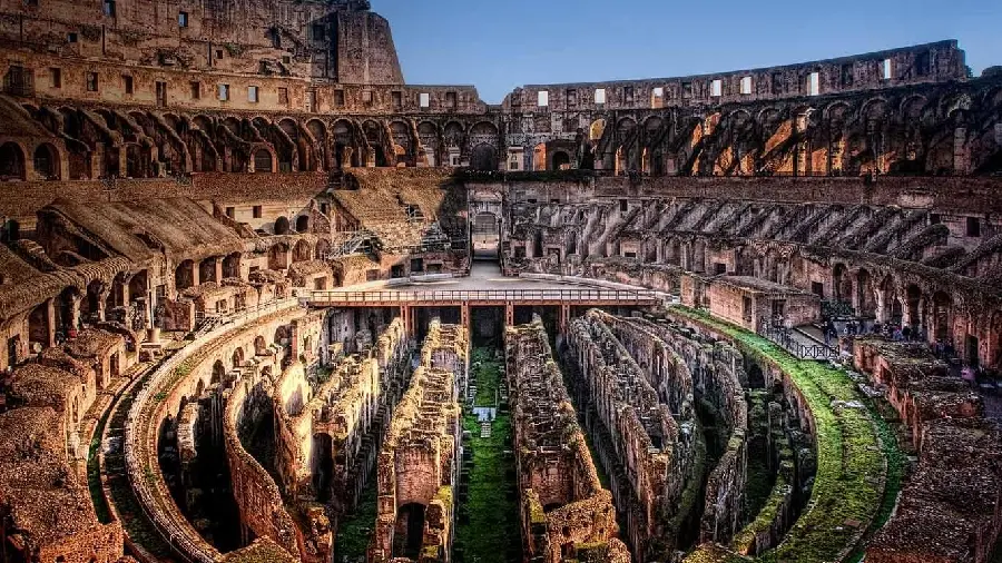 Ancient background of the interior design of the Colosseum and the interior space and the seating of the spectators