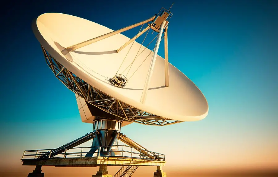 The most recent image of a large satellite dish with a blue sky background 