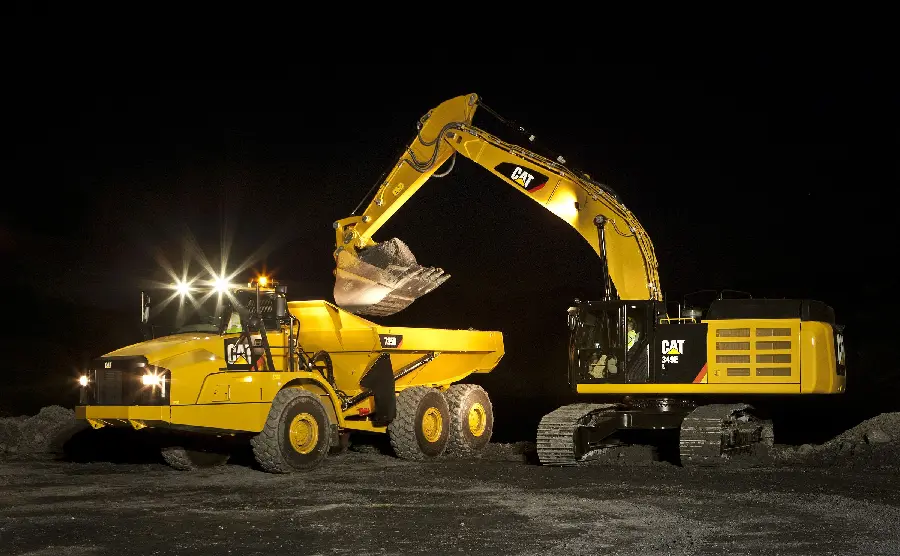 High Quality View of Yellow Excavator at Night with Lights on 