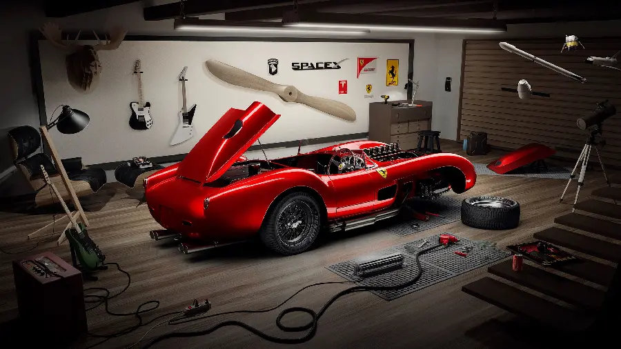 Beautiful background photo of an old and classic Ferrari car being repaired in a small repair shop with special decoration