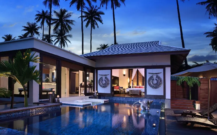 Download luxury background image of a sunny beach house villa with good weather HD Quality