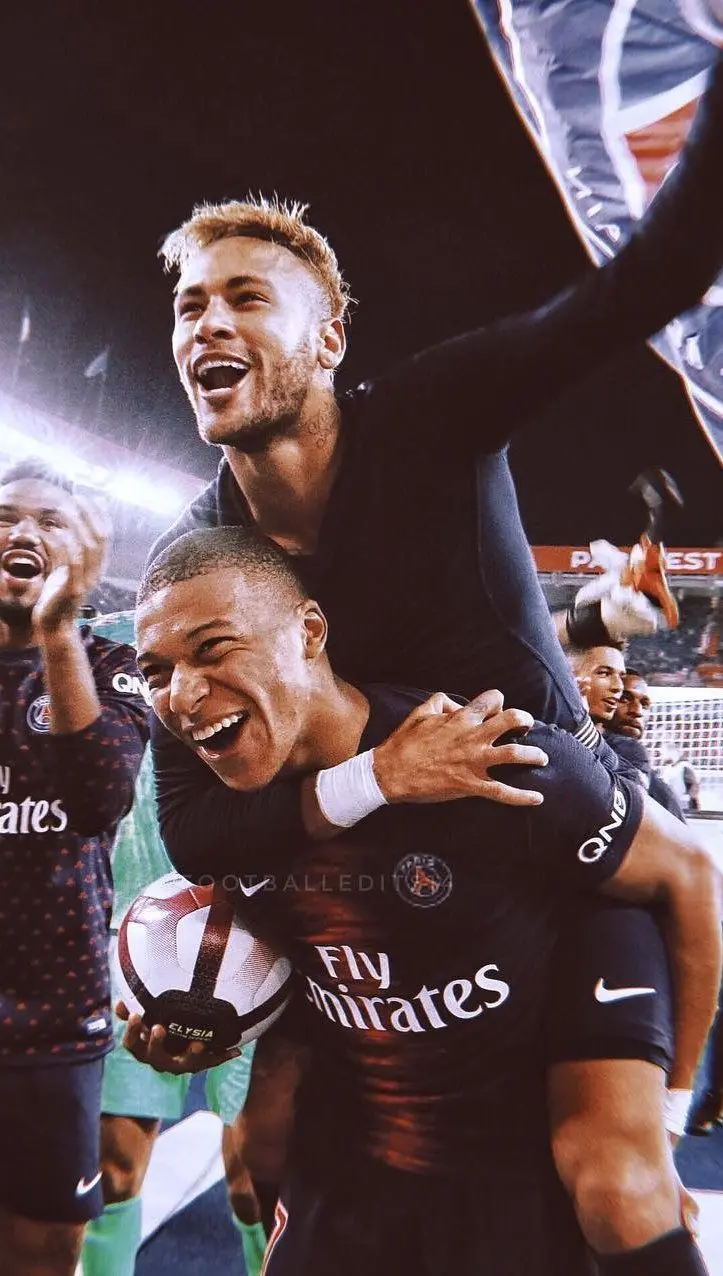 Download the happy background image of Neymar stroking Mbappe 