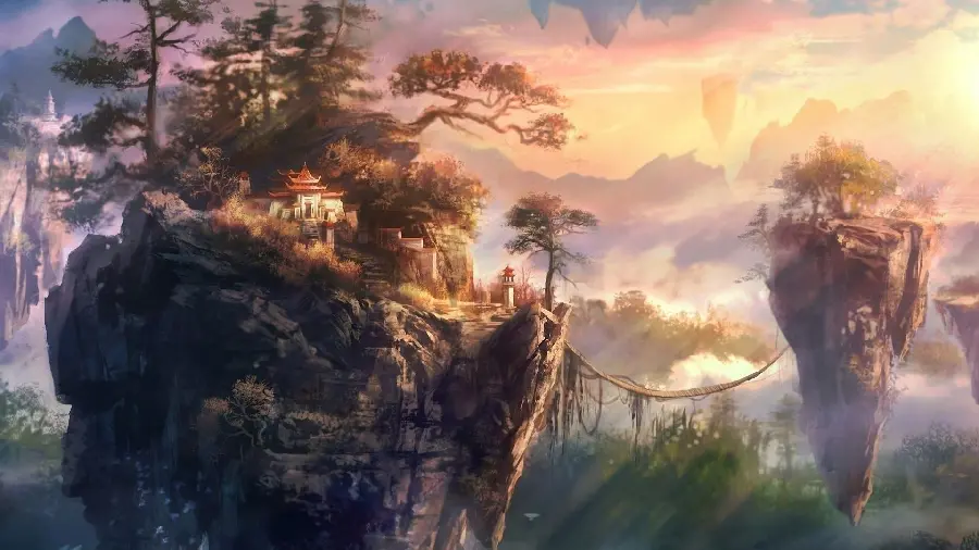 Exciting graphic image of a village on a suspended magical cliff