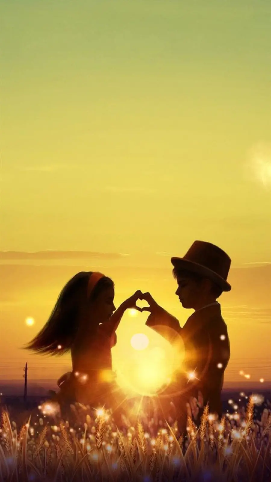 Strange Fantasy Poster of Future Bride and Groom with Artificial Heart Made by Hands at Sunset