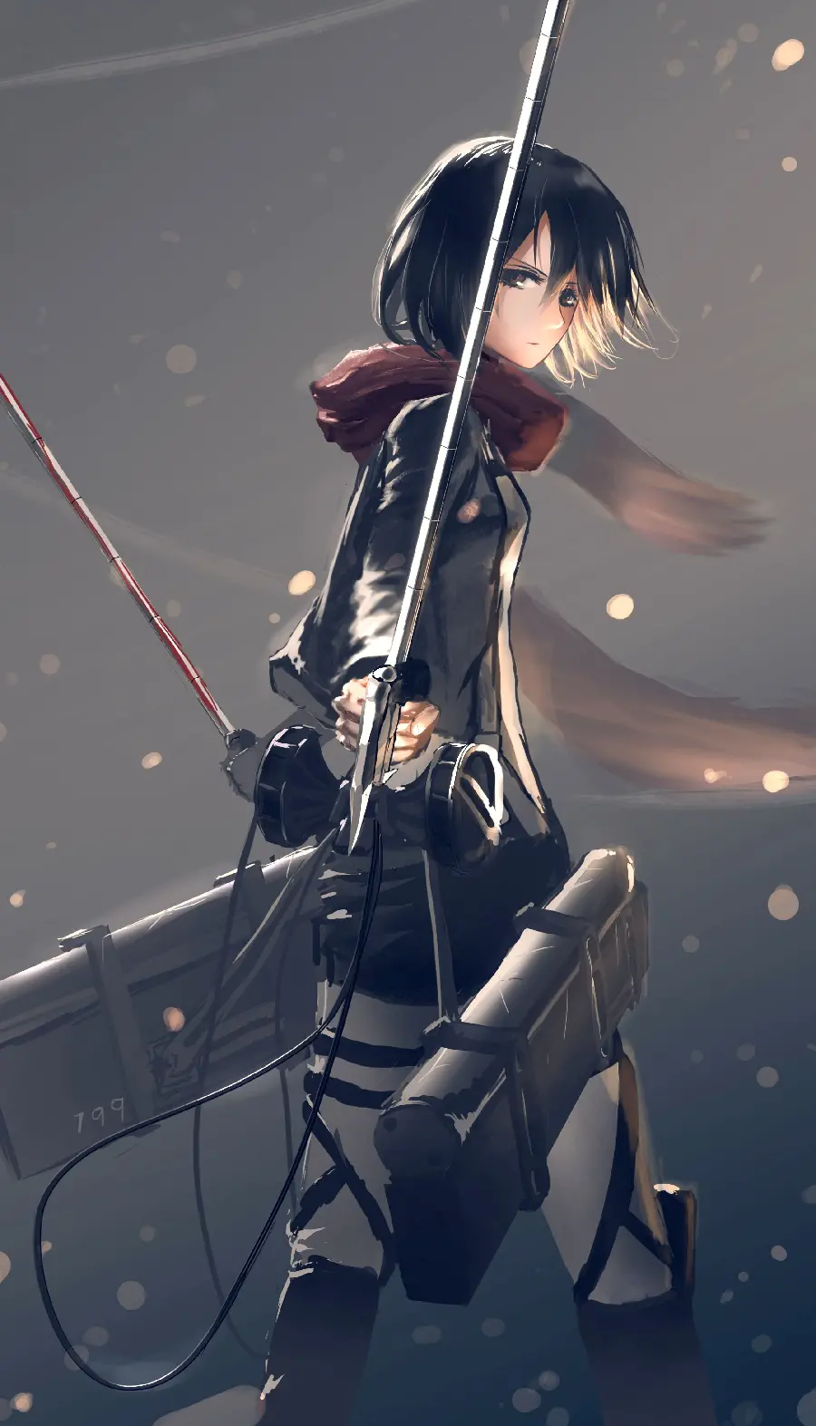 Mikasa Ackerman's graphic photo with her special tool and a piercing gaze