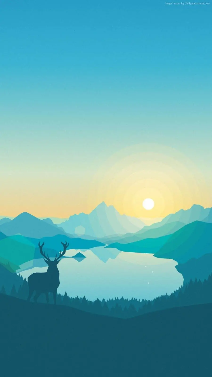 Fantasy sunrise image in the nature of the lake and reindeer, special background for Android phones