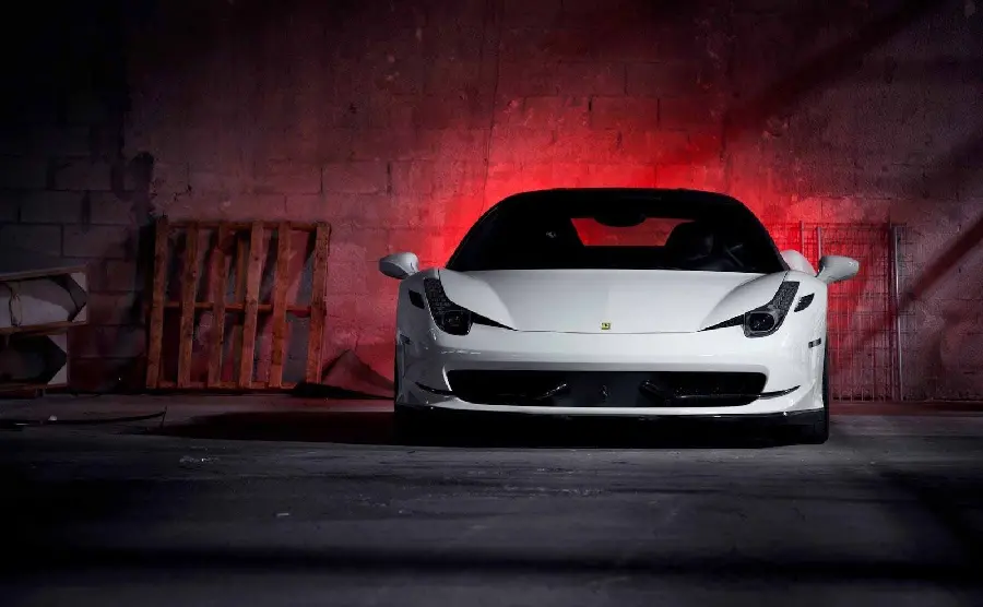 White Ferrari Background Wallpaper in Parking Lot with Red Light and Dark Background