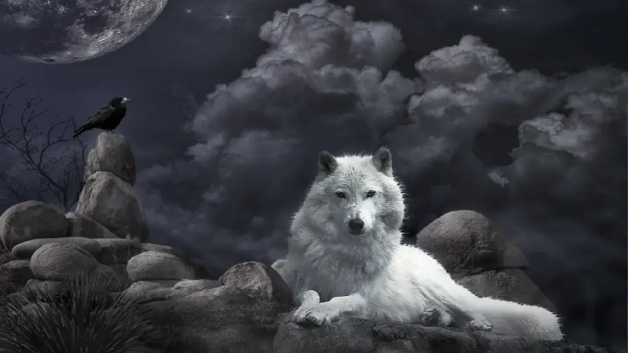 Scary background of a sinister white wolf in the dark