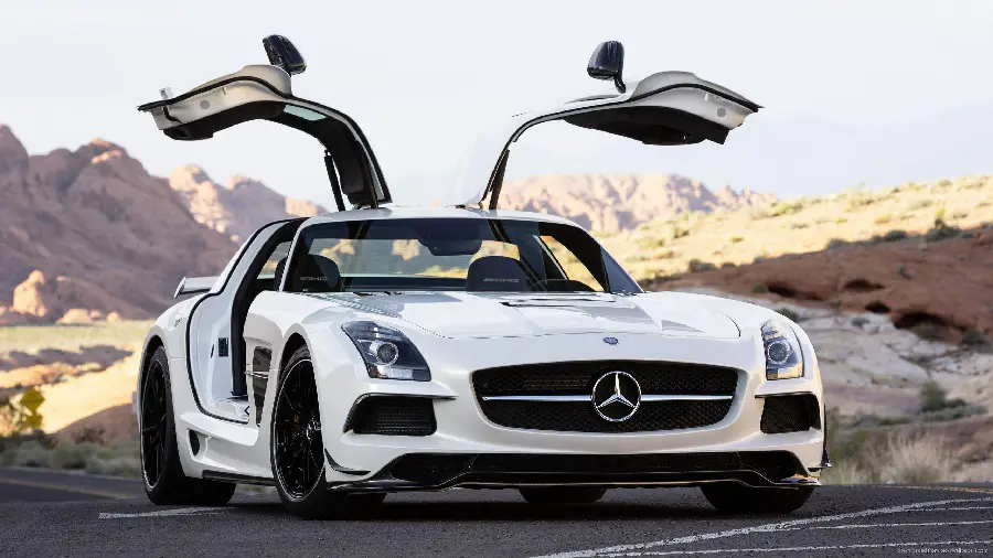 White Mercedes Benz Background on Mountain Road