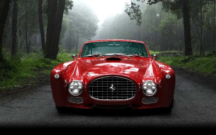 A beautiful background of an old and classic red Ferrari among the trees in the forest in high quality for laptops