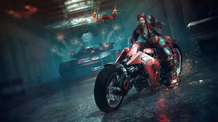 Picture of a charming motorcycle girl in a computer game 