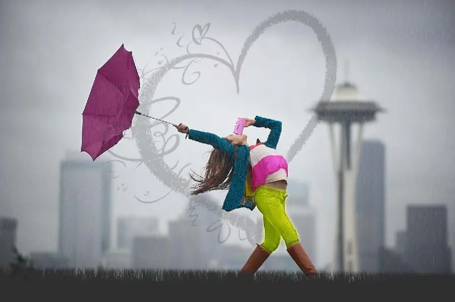 Romantic special Apple phone background image of a cheerful girl with a bright burgundy umbrella in the rain, high quality anime hd