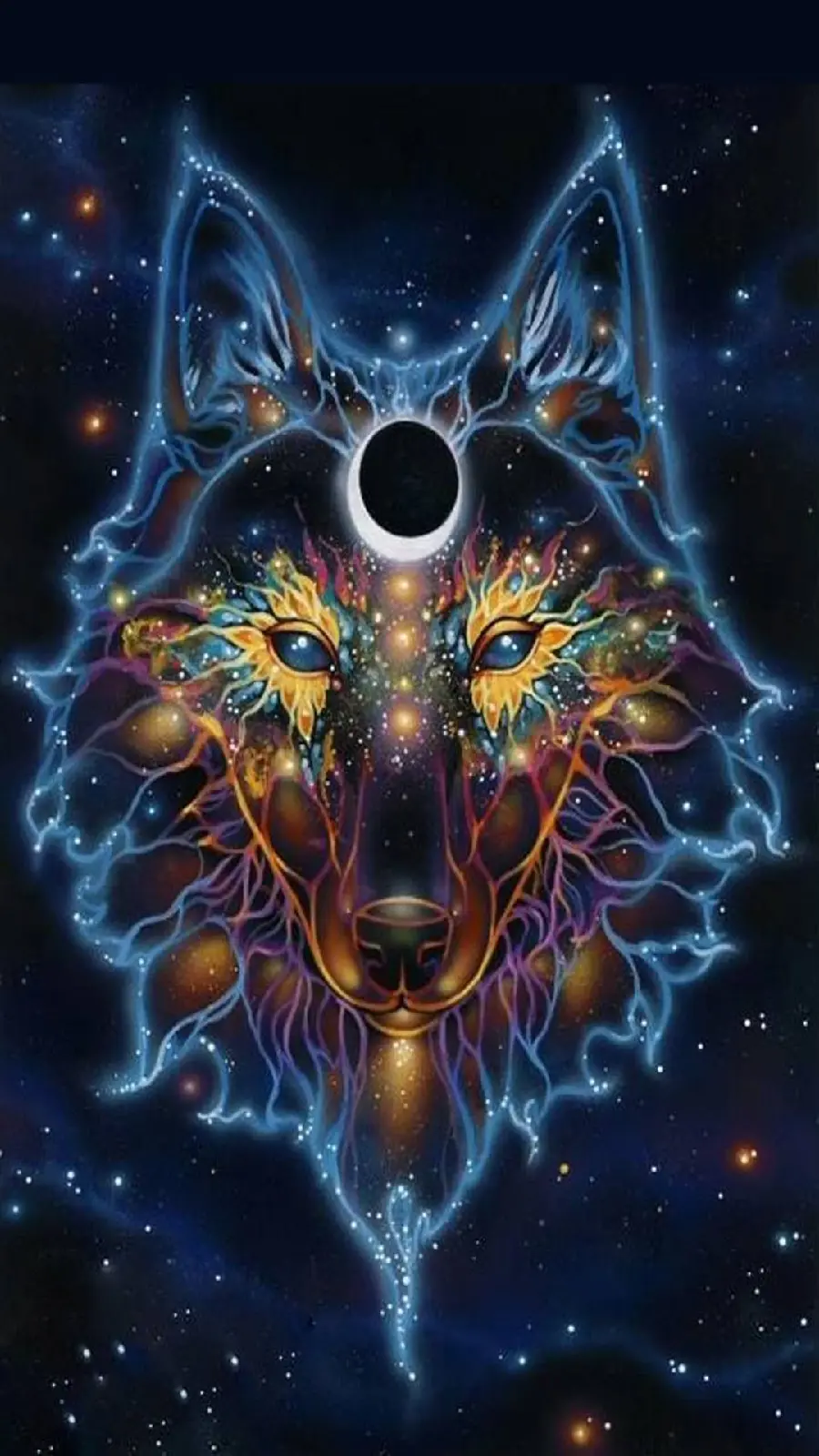 Amazing graphic image of a wolf with a moon-shaped forehead