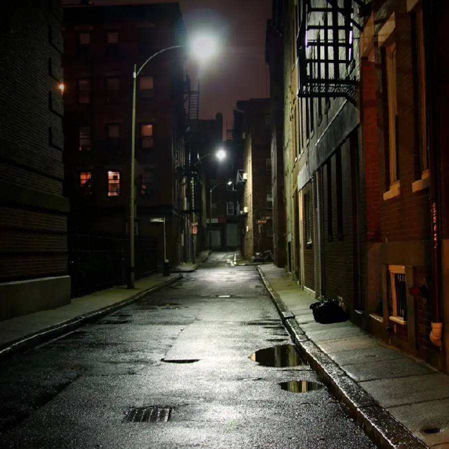 A photo of a clean background with 3 lights on of houses on a city road soaked with rainwater