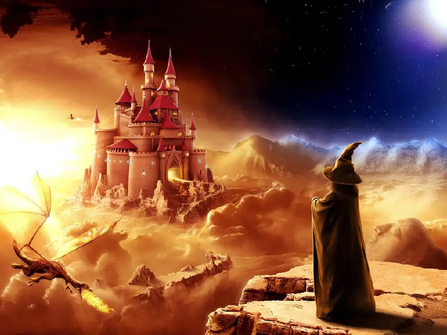 Strange graphic landscape with a witch and a magical land