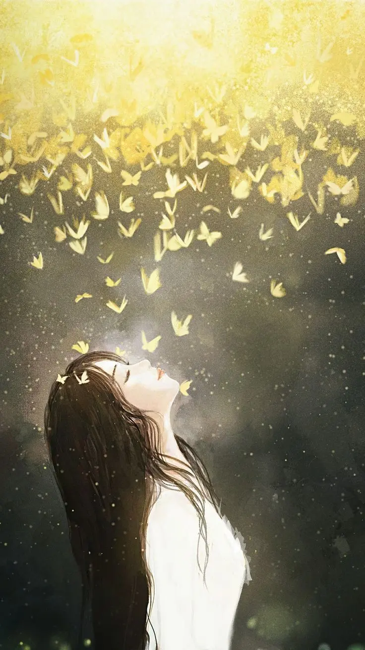 High quality and beautiful background of loneliness and sadness of a girl in the air with yellow butterflies in high quality