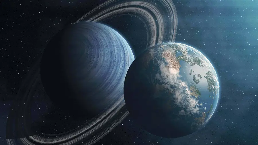 Awesome graphic background of the planet Saturn and Earth 2022
