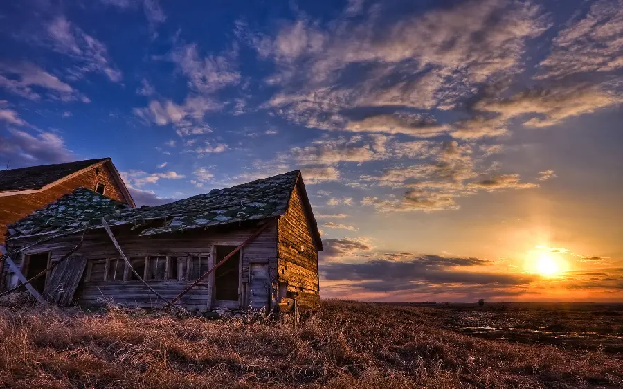 Download beautiful stock photo of a gloomy sunset and photo of a landscape of two rural cottages in HD quality