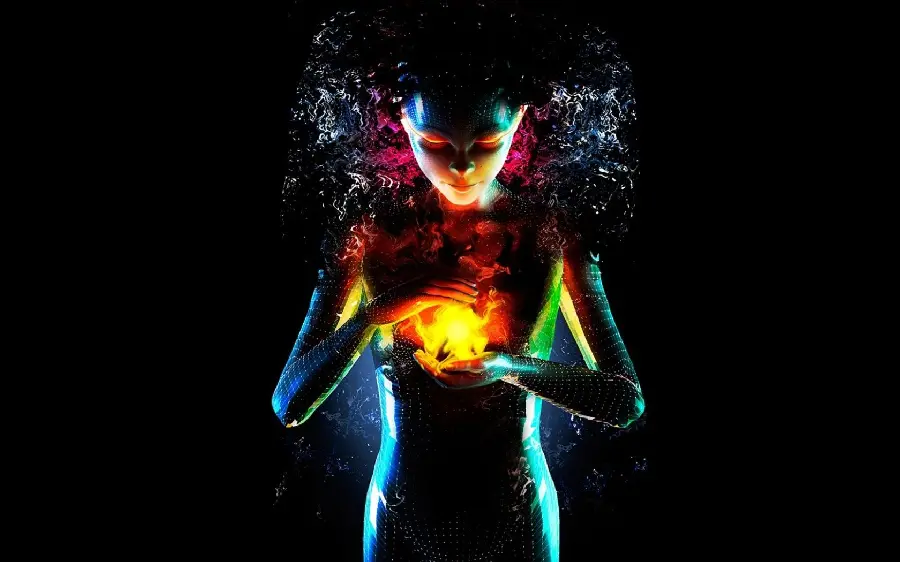 Download Profile Picture of Girl Holding Fire from a Game Scene with a Scary Black Background