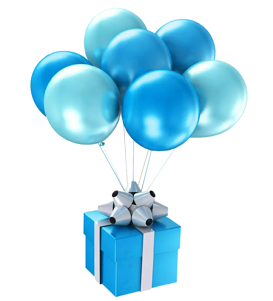 Download the best birthday png with gift design and blue balloons for editing