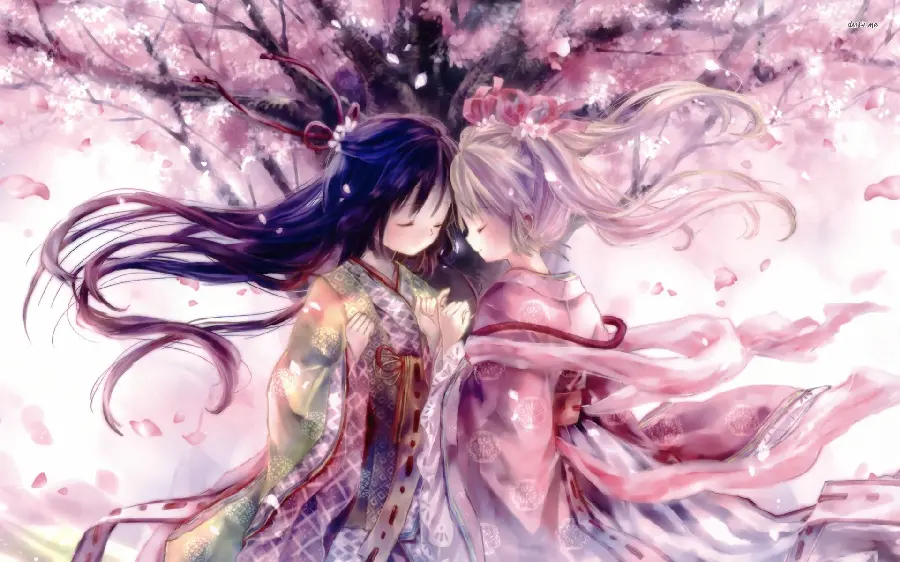 Pink Sparkling Wallpaper with the Design of Two Anime Girls Friendship for the System