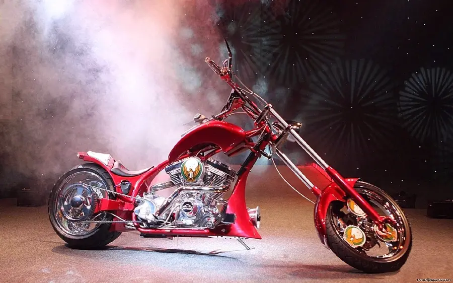 A delicate background photo of a new and heavy custom motorcycle in a white smoke atmosphere