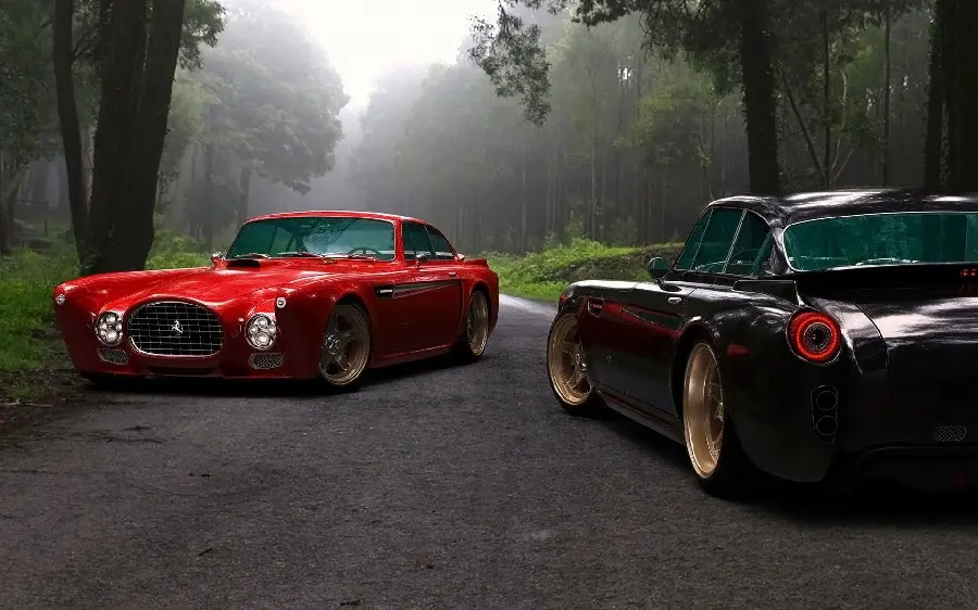 Download an impressive image of two old and classic red and black Ferraris in the forest
