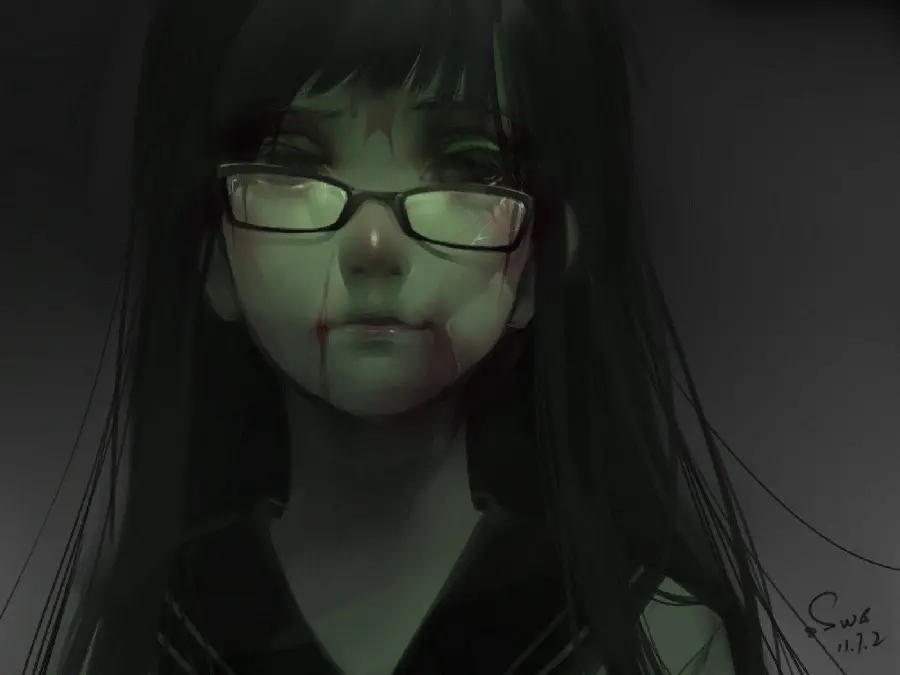 Download a graphic image of a wounded girl and sad with a dark green halo in HD quality
